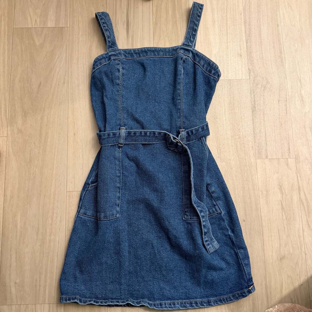 Hollister Belted Denim Mini Pinafore Dress